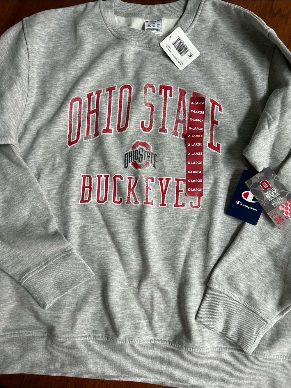 Champion Gray Crewneck with Red Ohio State Buckeyes Lettering